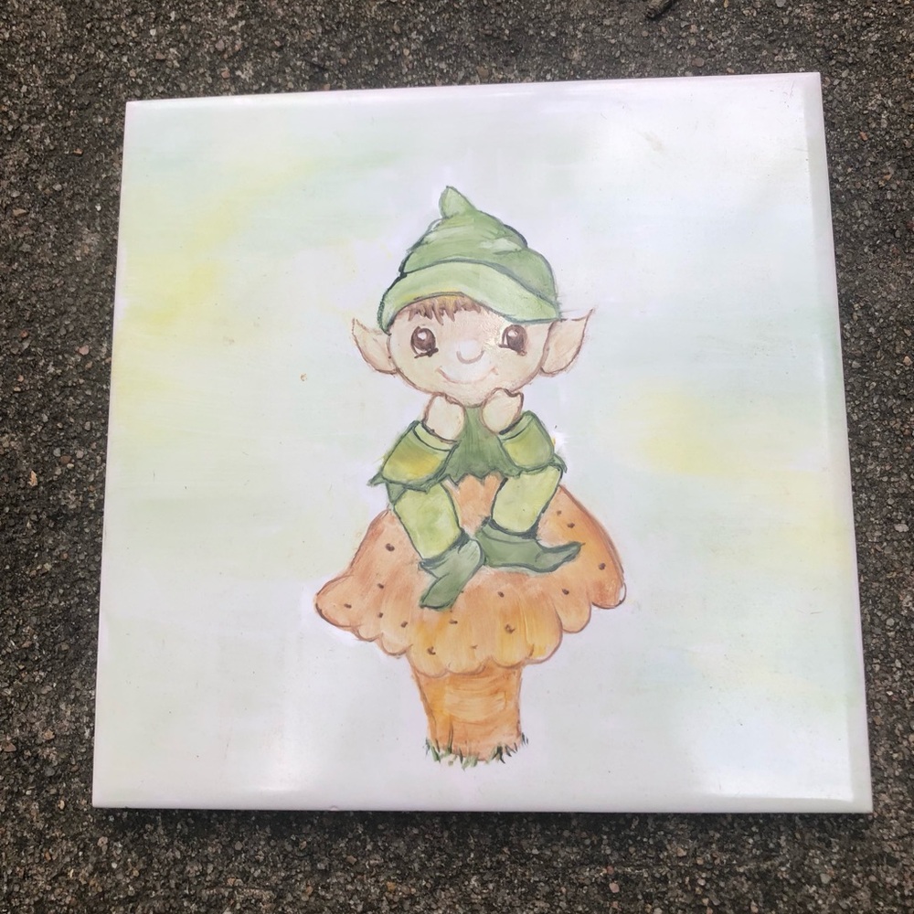 Christmas Elf On Mushroom Hand Painted Tile Ceramic 6x6” Whimsical Kitschy
